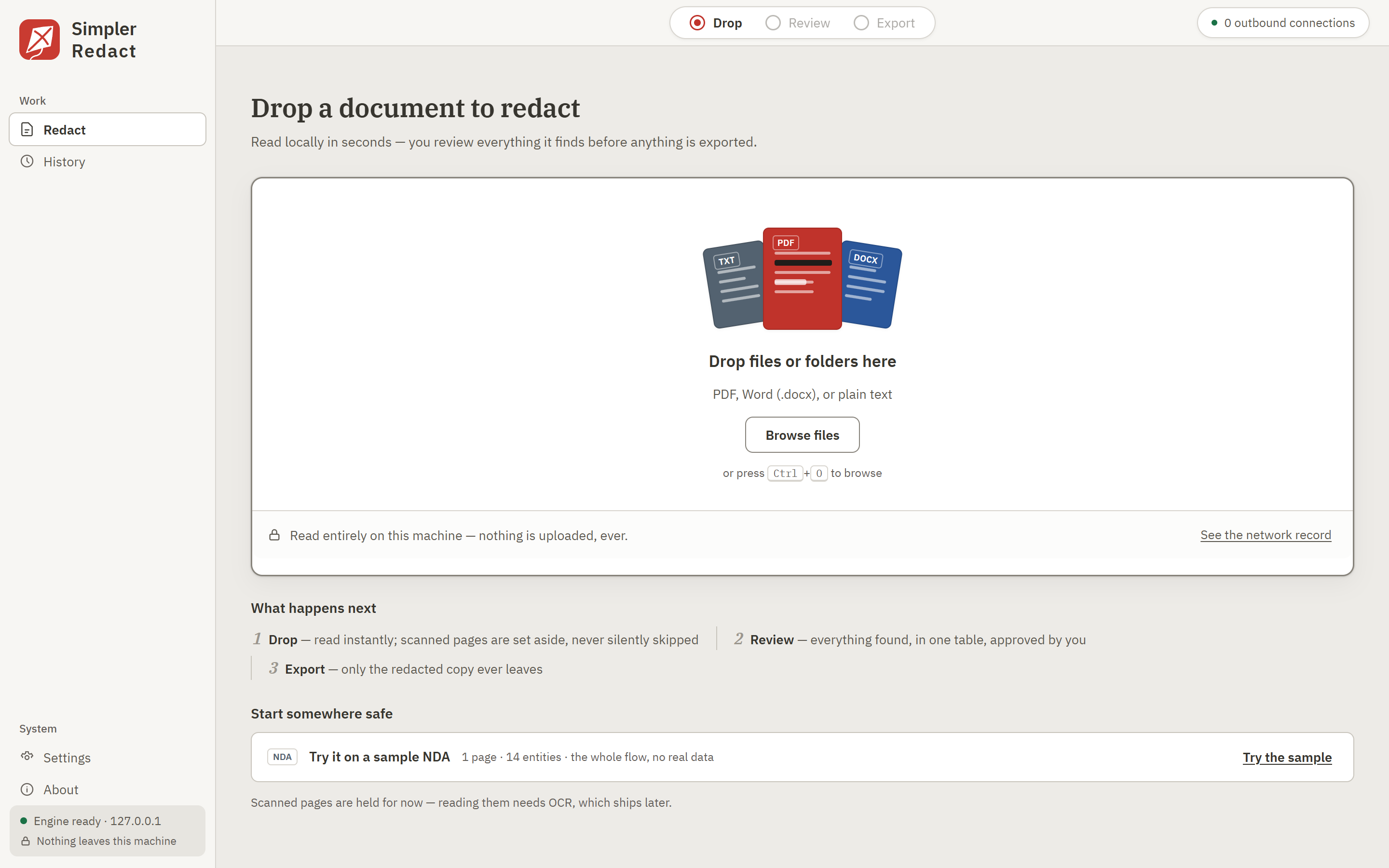 The Simpler Redact app, a build in progress: the masthead with the red kite, a document drop sheet with TXT, PDF and DOCX file cards, a trust footer stating nothing is uploaded, and the Drop, Review, Export stepper — engine ready at 127.0.0.1.